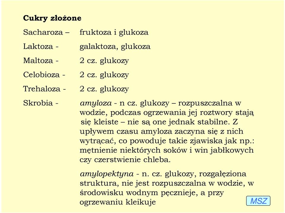 Z upływem czasu amyloza zaczyna się z nich wytrącać, co powoduje takie zjawiska jak np.