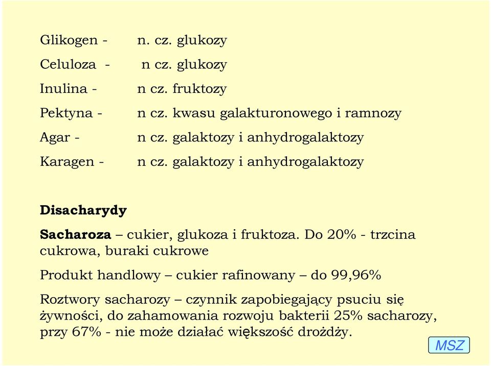 galaktozy i anhydrogalaktozy Disacharydy Sacharoza cukier, glukoza i fruktoza.