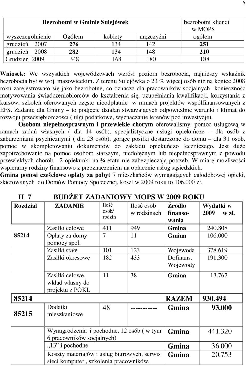 Z terenu Sulejówka o 23 % więcej osób niż na koniec 2008 roku zarejestrowało się jako bezrobotne, co oznacza dla pracowników socjalnych konieczność motywowania świadczeniobiorców do kształcenia się,