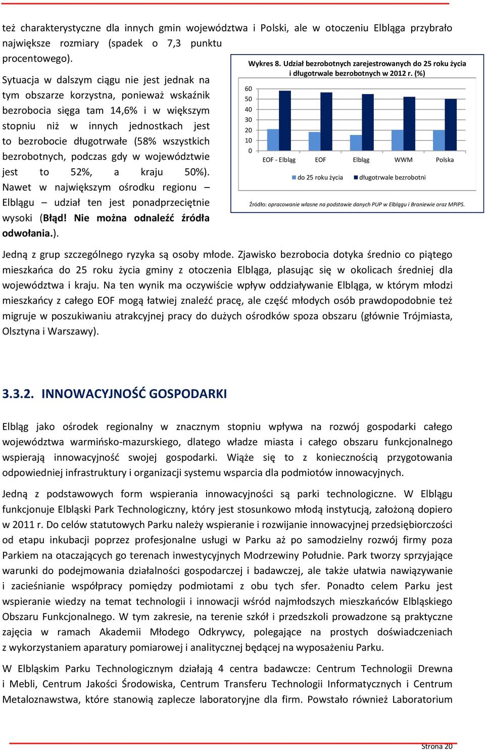 wszystkich bezrobotnych, podczas gdy w województwie jest to 52%, a kraju 50%). Nawet w największym ośrodku regionu Elblągu udział ten jest ponadprzeciętnie wysoki (Błąd!