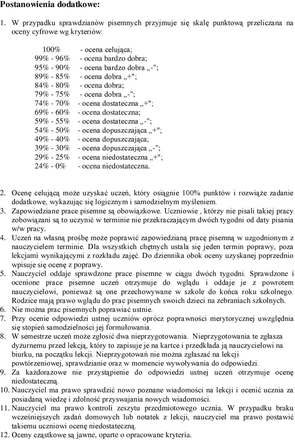 89% - 85% - ocena dobra +"; 84% - 80% - ocena dobra; 79% - 75% - ocena dobra -"; 74% - 70% - ocena dostateczna +"; 69% - 60% - ocena dostateczna; 59% - 55% - ocena dostateczna -"; 54% - 50% - ocena