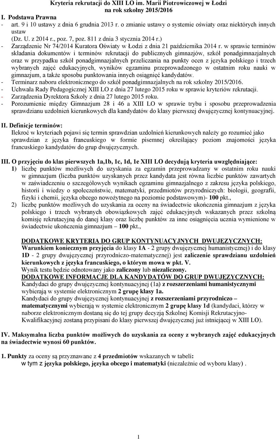 ) - Zarządzenie Nr 74/2014 Kuratora Oświaty w Łodzi z dnia 21 października 2014 r.