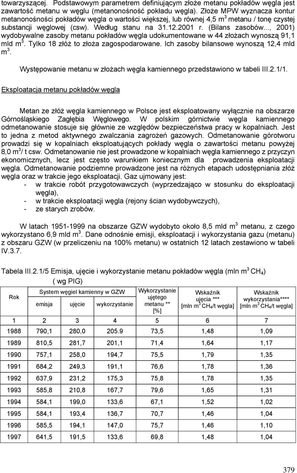 .., 2001) wydobywalne zasoby metanu pokładów węgla udokumentowane w 44 złożach wynoszą 91,1 mld m 3. Tylko 18 złóż to złoża zagospodarowane. Ich zasoby bilansowe wynoszą 12,4 mld m 3.