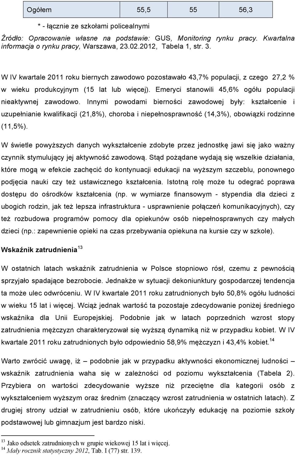 Innymi powodami bierności zawodowej były: kształcenie i uzupełnianie kwalifikacji (21,8%), choroba i niepełnosprawność (14,3%), obowiązki rodzinne (11,5%).