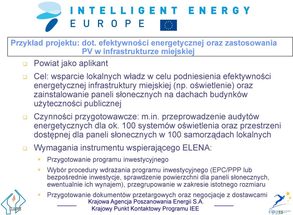 (np. oświetlenie) oraz zainstalowanie paneli słonecznych na dachach budynków użyteczności publicznej Czynności przygotowawcze: m.in. przeprowadzenie audytów energetycznych dla ok.