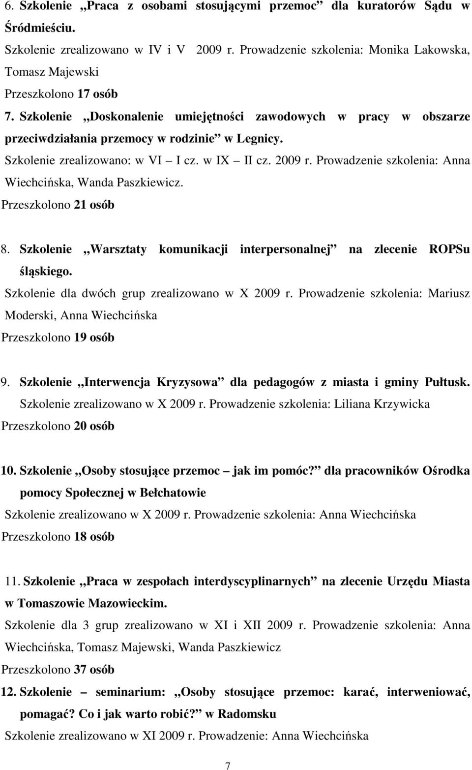 Szkolenie zrealizowano: w VI I cz. w IX II cz. 2009 r. Prowadzenie szkolenia: Anna Wiechcińska, Wanda Paszkiewicz. Przeszkolono 21 osób 8.