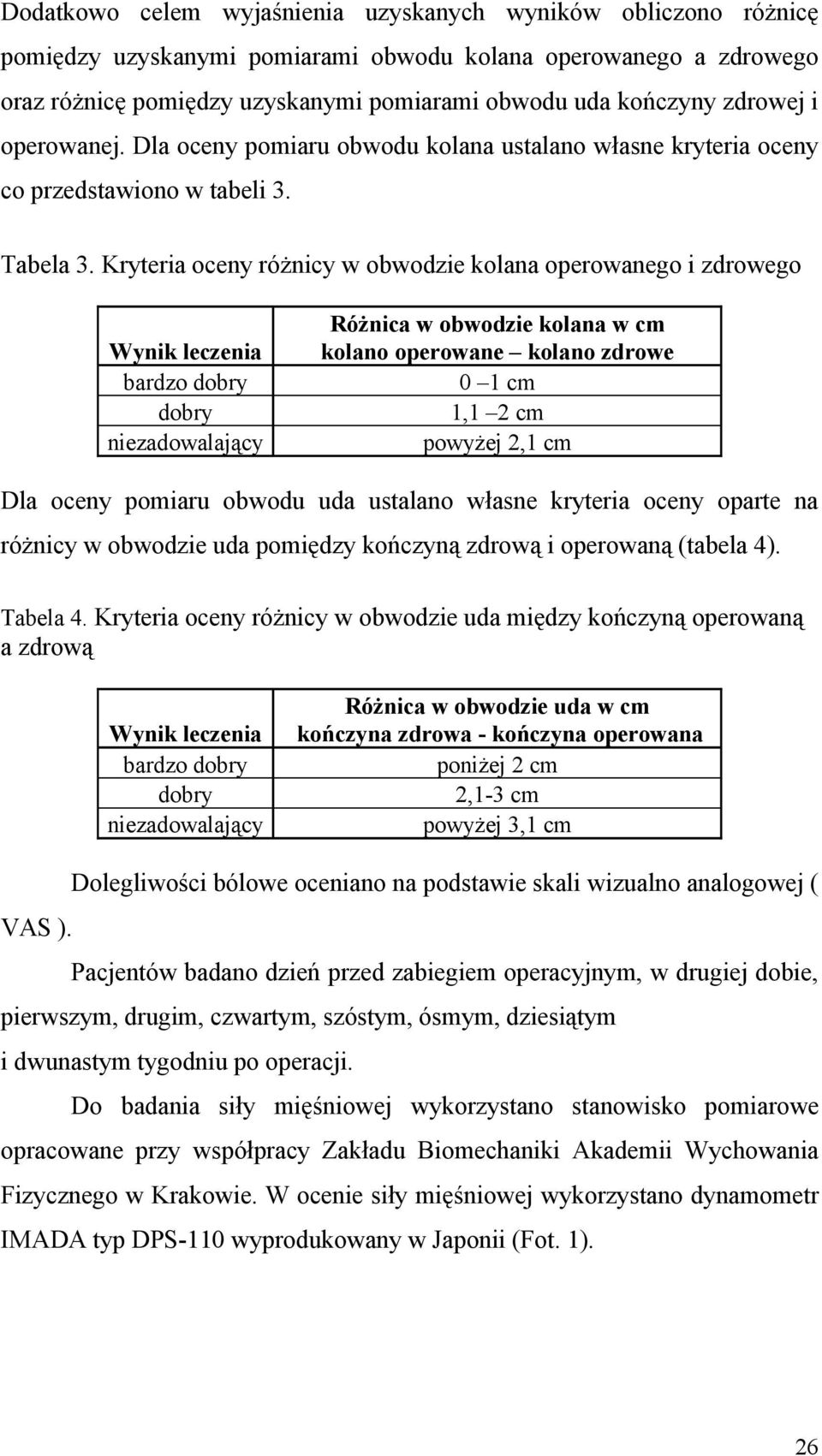 Kryteria oceny różnicy w obwodzie kolana operowanego i zdrowego Wynik leczenia bardzo dobry dobry niezadowalający Różnica w obwodzie kolana w cm kolano operowane kolano zdrowe 0 1 cm 1,1 2 cm powyżej