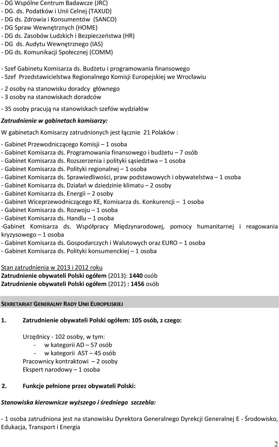 Budżetu i programowania finansowego - Szef Przedstawicielstwa Regionalnego Komisji Europejskiej we Wrocławiu - 2 osoby na stanowisku doradcy głównego - 3 osoby na stanowiskach doradców - 35 osoby