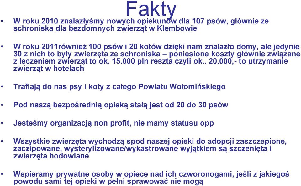 000,- to utrzymanie zwierząt w hotelach Trafiają do nas psy i koty z całego Powiatu Wołomińskiego Pod naszą bezpośrednią opieką stałą jest od 20 do 30 psów Jesteśmy organizacją non profit, nie mamy