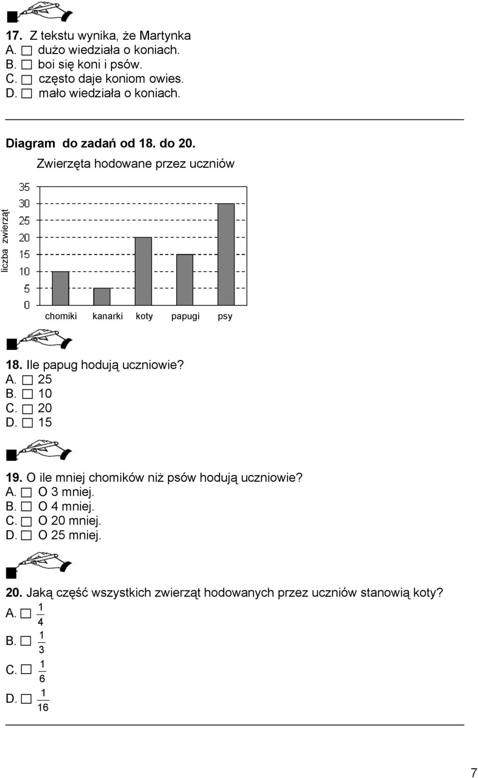 Zwierzęta hodowane przez uczniów liczba zwierząt chomiki kanarki koty papugi psy 18. Ile papug hodują uczniowie? A. 25 B. 10 C.