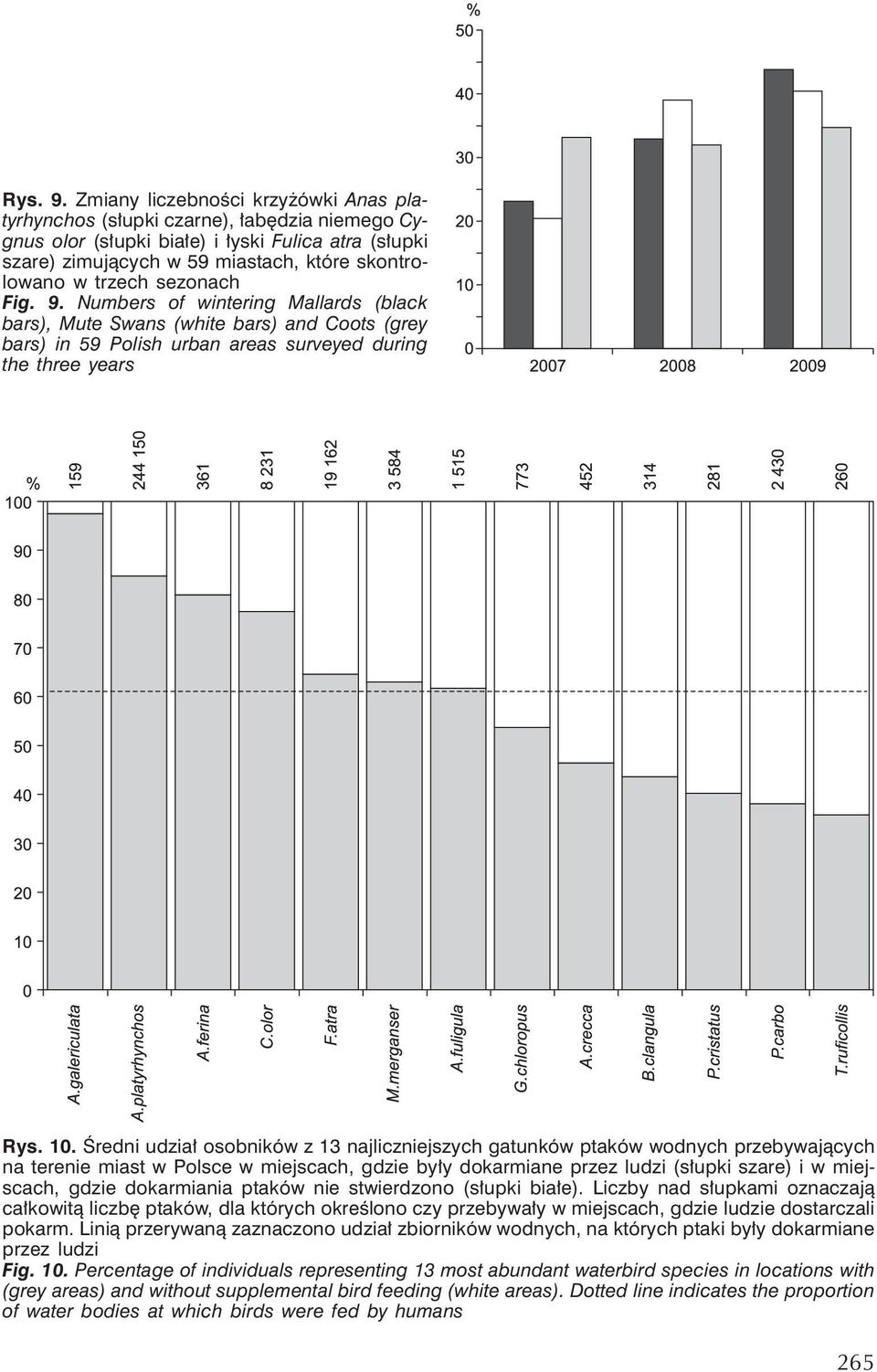 sezonach Fig. 9. Numbers of wintering Mallards (black bars), Mute Swans (white bars) and Coots (grey bars) in 59Polish urban areas surveyed during the three years Rys. 10.