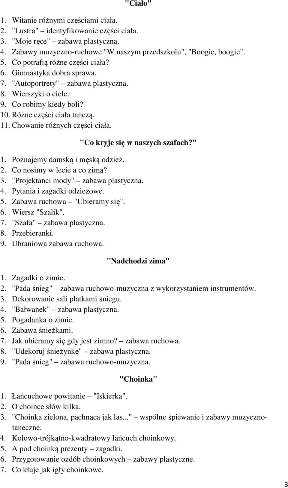 Chowanie różnych części ciała. "Co kryje się w naszych szafach?" 1. Poznajemy damską i męską odzież. 2. Co nosimy w lecie a co zimą? 3. "Projektanci mody" zabawa plastyczna. 4.