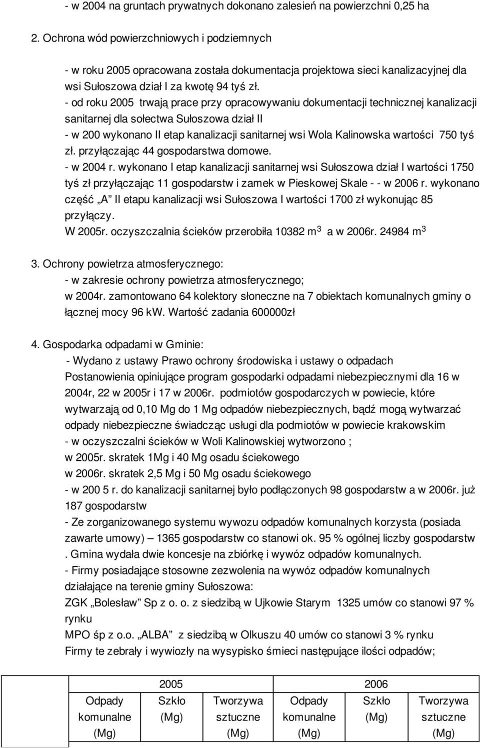 - od roku 2005 trwają prace przy opracowywaniu dokumentacji technicznej kanalizacji sanitarnej dla sołectwa Sułoszowa dział II - w 200 wykonano II etap kanalizacji sanitarnej wsi Wola Kalinowska