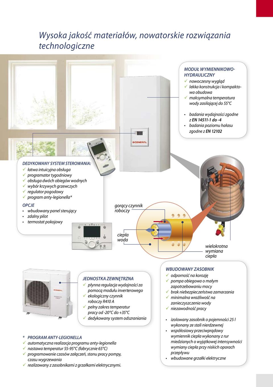 krzywych grzewczych regulator pogodowy program anty-legionella* OPCJE wbudowany panel sterujący zdalny pilot termostat pokojowy gorący czynnik roboczy ciepła woda Jednostka zewnętrzna płynna