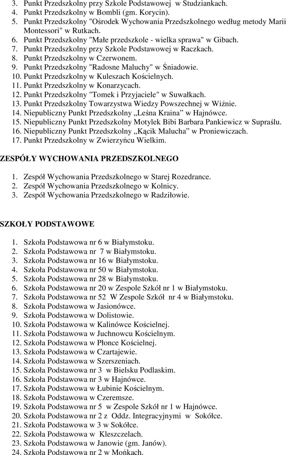 Punkt Przedszkolny przy Szkole Podstawowej w Raczkach. 8. Punkt Przedszkolny w Czerwonem. 9. Punkt Przedszkolny "Radosne Maluchy" w Śniadowie. 10. Punkt Przedszkolny w Kuleszach Kościelnych. 11.