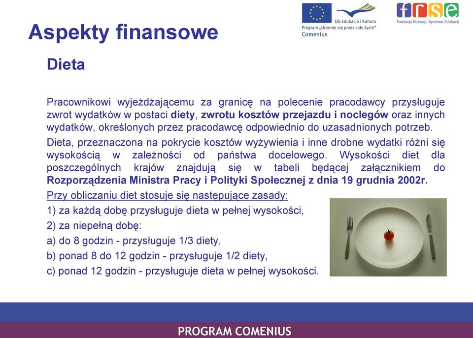 Wysokości diet dla poszczególnych krajów znajdują się w tabeli będącej załącznikiem do Rozporządzenia Ministra Pracy i Polityki Społecznej z dnia 19 grudnia 2002r.