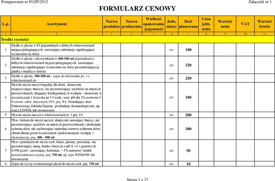 400-500 ml pojemnikach o dobrych właściwościach myjąco-pielęgnujących, zawierające substancje zapobiegające wysuszaniu się skóry pozostawiającą ją szt.