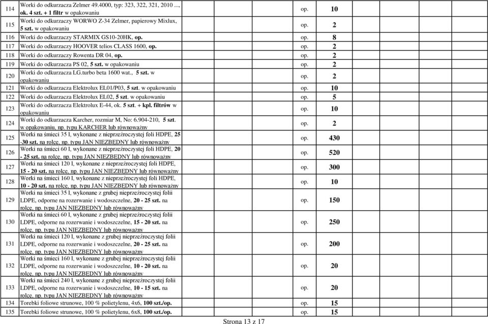 w opakowaniu op. 2 120 Worki do odkurzacza LG.turbo beta 1600 wat., 5 szt. w opakowaniu op. 2 121 Worki do odkurzacza Elektrolux EL01/P03, 5 szt.