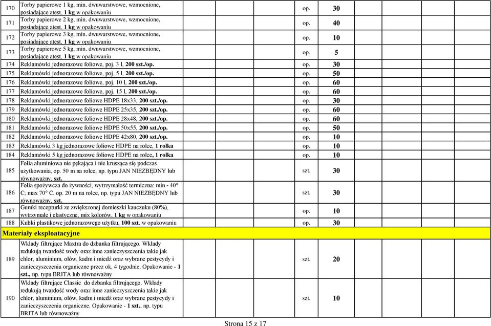 dwuwarstwowe, wzmocnione, posiadające atest, 1 kg w opakowaniu op. 30 op. 40 op. 5 174 Reklamówki jednorazowe foliowe, poj. 3 l, 200 szt./op. op. 30 175 Reklamówki jednorazowe foliowe, poj.