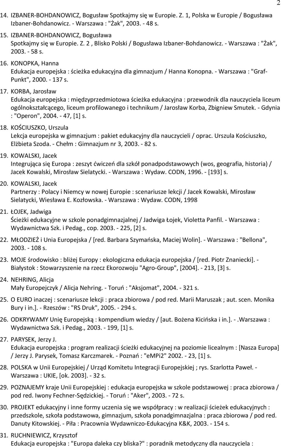 KONOPKA, Hanna Edukacja europejska : ścieżka edukacyjna dla gimnazjum / Hanna Konopna. - Warszawa : "Graf- Punkt", 2000. - 137 s. 17.