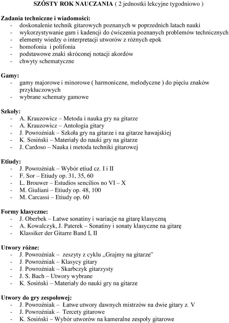 gamy majorowe i minorowe ( harmoniczne, melodyczne ) do pięciu znaków przykluczowych - wybrane schematy gamowe Szkoły: - A. Krauzowicz Metoda i nauka gry na gitarze - A.