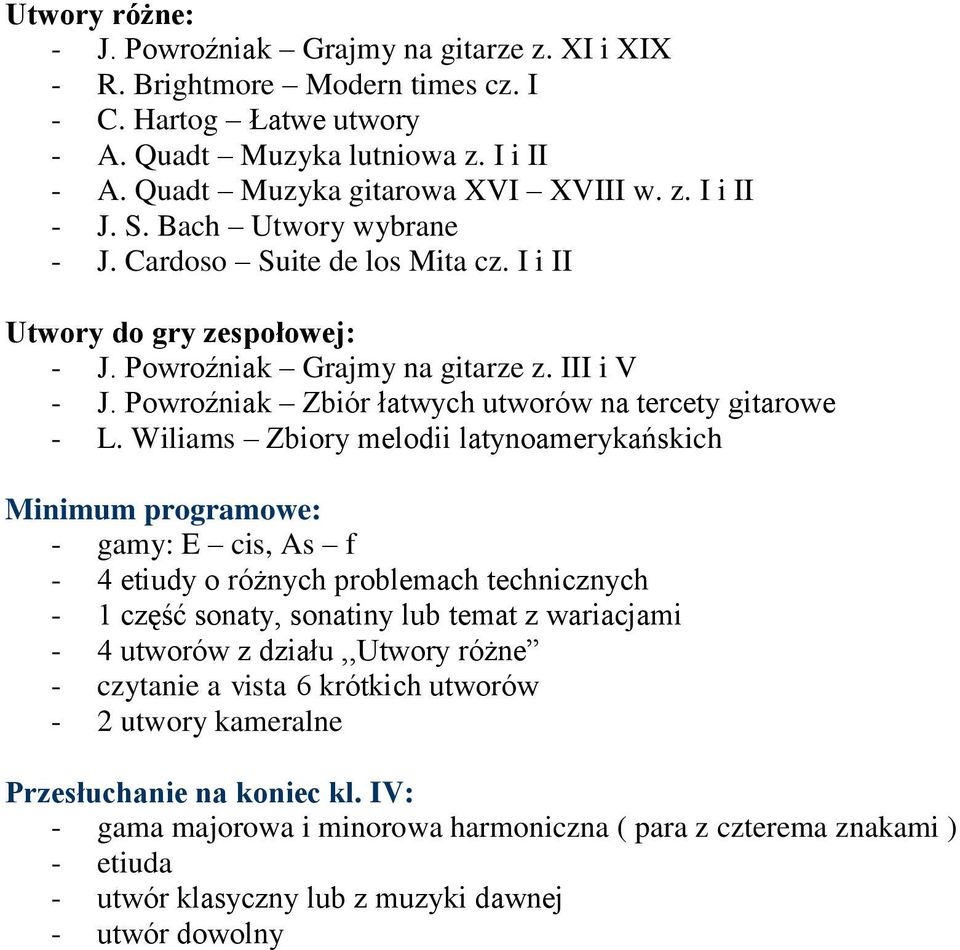 Wiliams Zbiory melodii latynoamerykańskich Minimum programowe: - gamy: E cis, As f - 4 etiudy o różnych problemach technicznych - 1 część sonaty, sonatiny lub temat z wariacjami - 4 utworów z