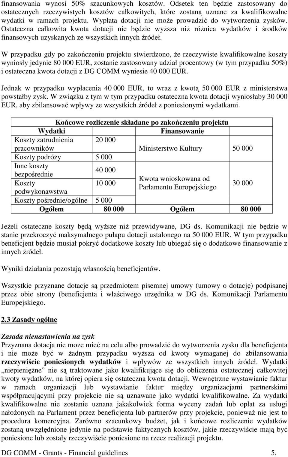 W przypadku gdy po zakończeniu projektu stwierdzono, Ŝe rzeczywiste kwalifikowalne koszty wyniosły jedynie 80 000 EUR, zostanie zastosowany udział procentowy (w tym przypadku 50%) i ostateczna kwota