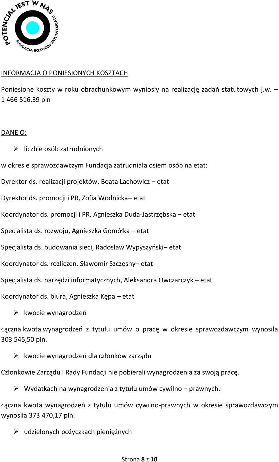 rozwoju, Agnieszka Gomółka etat Specjalista ds. budowania sieci, Radosław Wypyszyoski etat Koordynator ds. rozliczeo, Sławomir Szczęsny etat Specjalista ds.