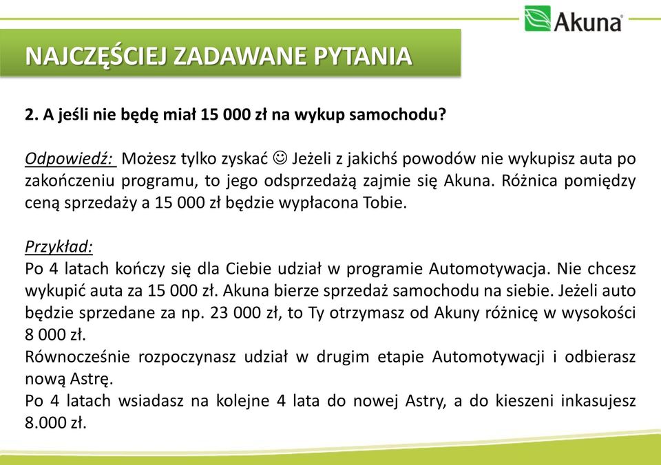 Różnica pomiędzy ceną sprzedaży a 15 000 zł będzie wypłacona Tobie. Przykład: Po 4 latach kończy się dla Ciebie udział w programie Automotywacja.