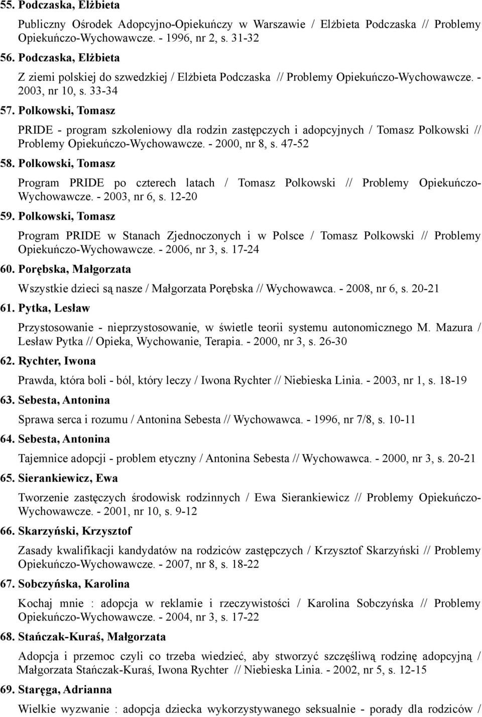 Polkowski, Tomasz PRIDE - program szkoleniowy dla rodzin zastępczych i adopcyjnych / Tomasz Polkowski // Problemy Opiekuńczo-Wychowawcze. - 2000, nr 8, s. 47-52 58.