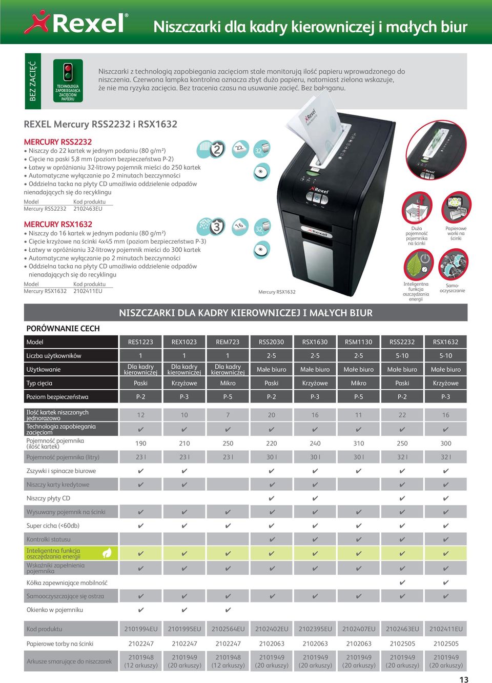 REXEL Mercury RSS i RSX1 MERCURY RSS nienadających się do recyklingu L L MERCURY RSX1 nienadających się do recyklingu PORÓWNANIE CECH NISZCZARKI DLA KADRY KIEROWNICZEJ I MAŁYCH BIUR 1 1 1 Użytkowanie