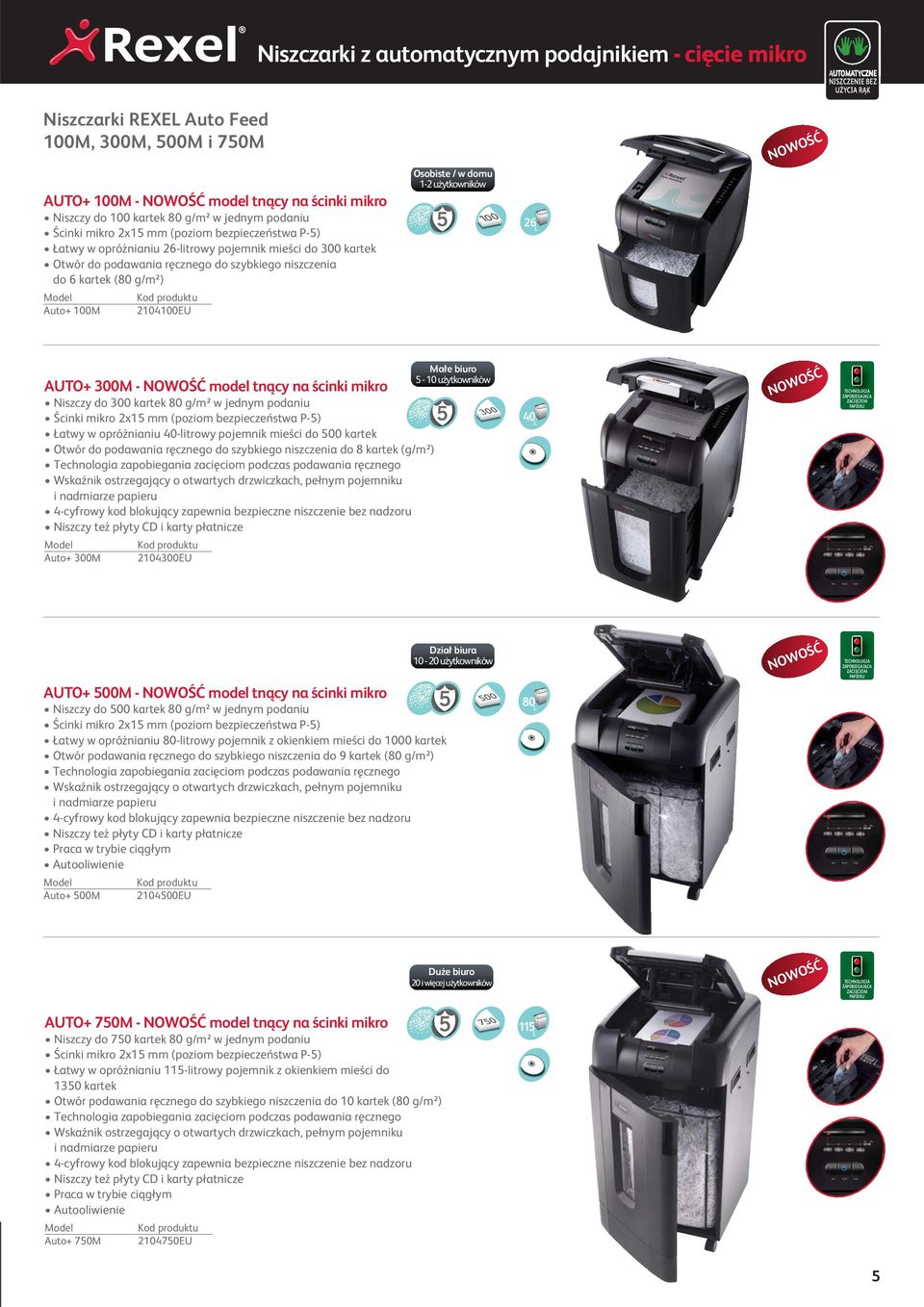 biuro - 10 użytkowników 0 L 00 NOWOŚĆ ZAPOBIEGAJĄCA Dział biura 10-0 użytkowników AUTO+ 00M - NOWOŚĆ model tnący na ścinki mikro i nadmiarze papieru 00