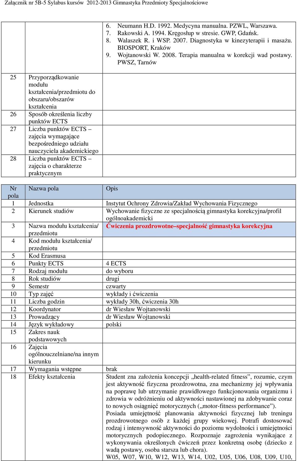 i WSP. 2007. Diagnostyka w kinezyterapii i masażu. BIOSPORT, Kraków 9. Wojtanowski W. 2008. Terapia manualna w korekcji wad postawy.