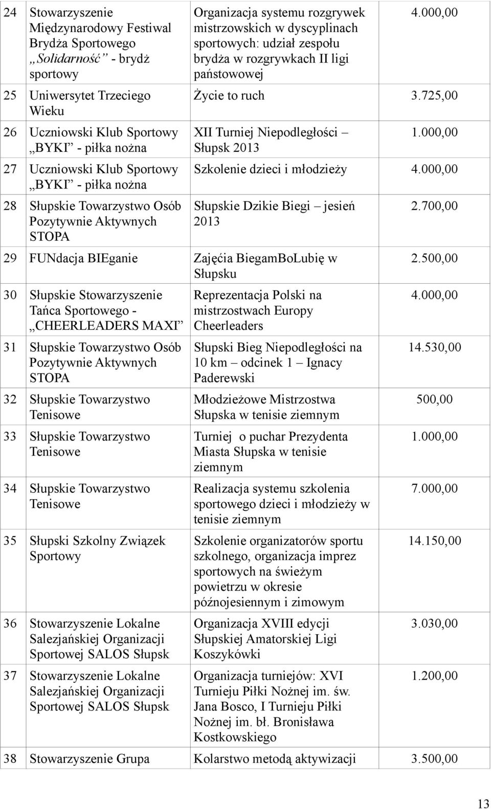 000,00 Życie to ruch 3.725,00 XII Turniej Niepodległości Słupsk 2013 1.000,00 Szkolenie dzieci i młodzieży 4.