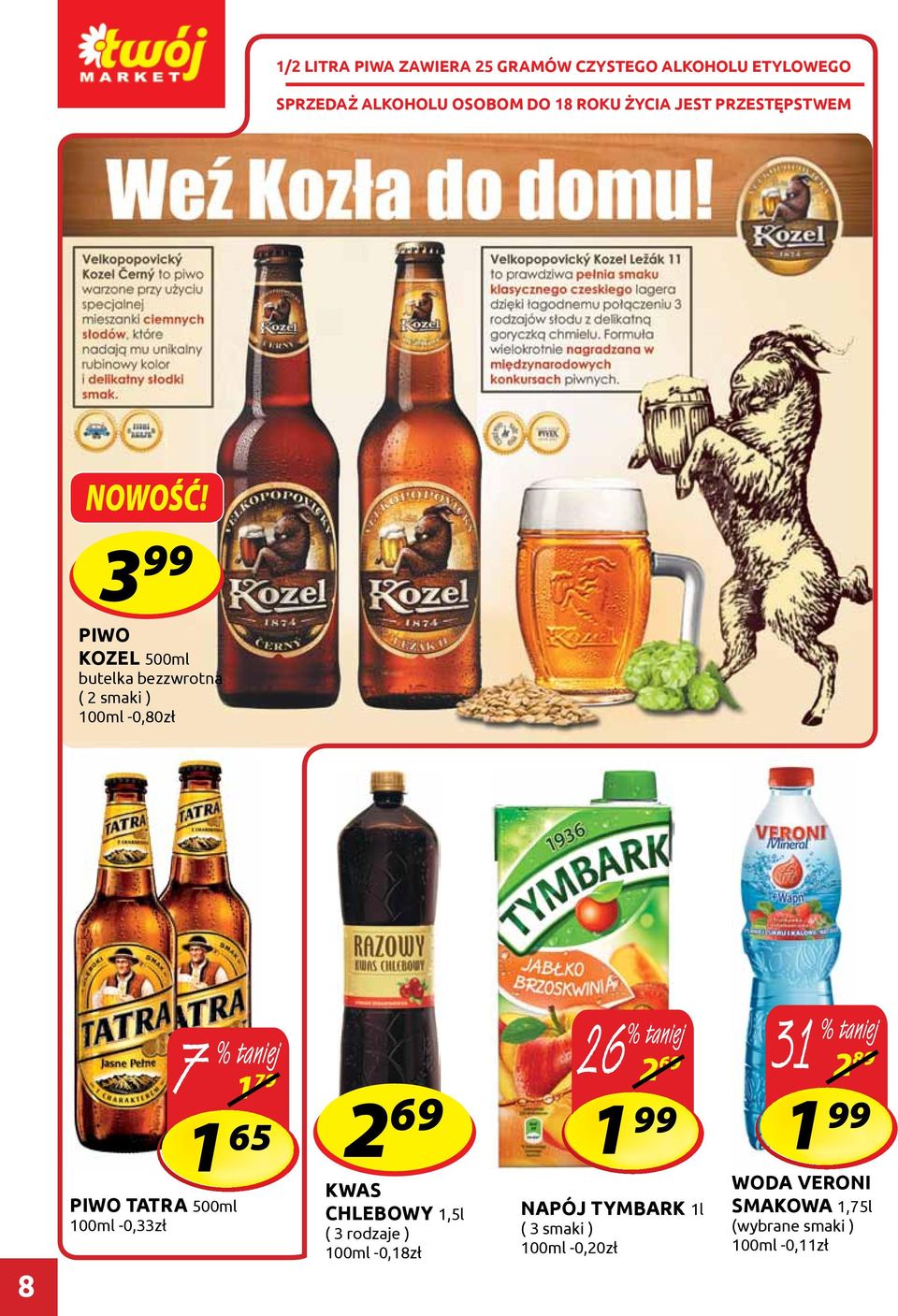 3 99 PIWO KOZEL 500ml butelka bezzwrotna ( 2 smaki ) 100ml -0,80zł 8 7 PIWO TATRA 500ml 100ml -0,33zł 1