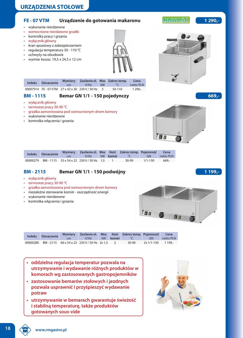 Pojemność komór C GN 00000279 BM - 1115 33 x 54 x 22 230 V / 50 Hz 1,5 1 30-90 1/1-150 669,- BM - 2115 Bemar GN 1/1-150 podwójny 1 199,- termostat pracy 30-90 C niezależne sterowanie komór -