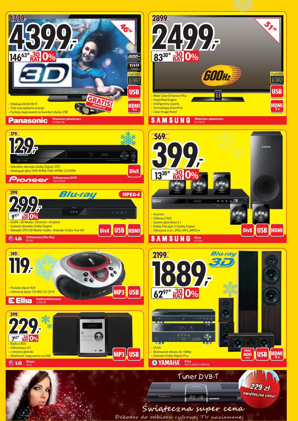 dźwięku Dolby Digital i DTS Obsługuje płyty DVD-R/RW, DVD+R/RW, CD-R/RW Odtwarzacz DVD DVD-DV2020 DivX 569, 399, 13 399, 299, 9 DLN 3D Ready Ethernet Simplink Systemy dźwięku Dolby Dygital Dekoder