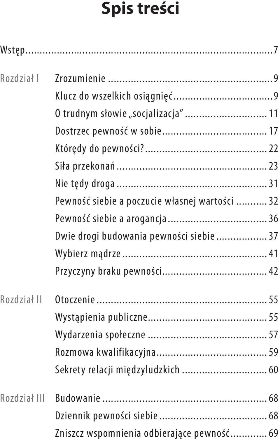 .. 36 Dwie drogi budowania pewności siebie... 37 Wybierz mądrze... 41 Przyczyny braku pewności... 42 Rozdział II Otoczenie... 55 Wystąpienia publiczne.