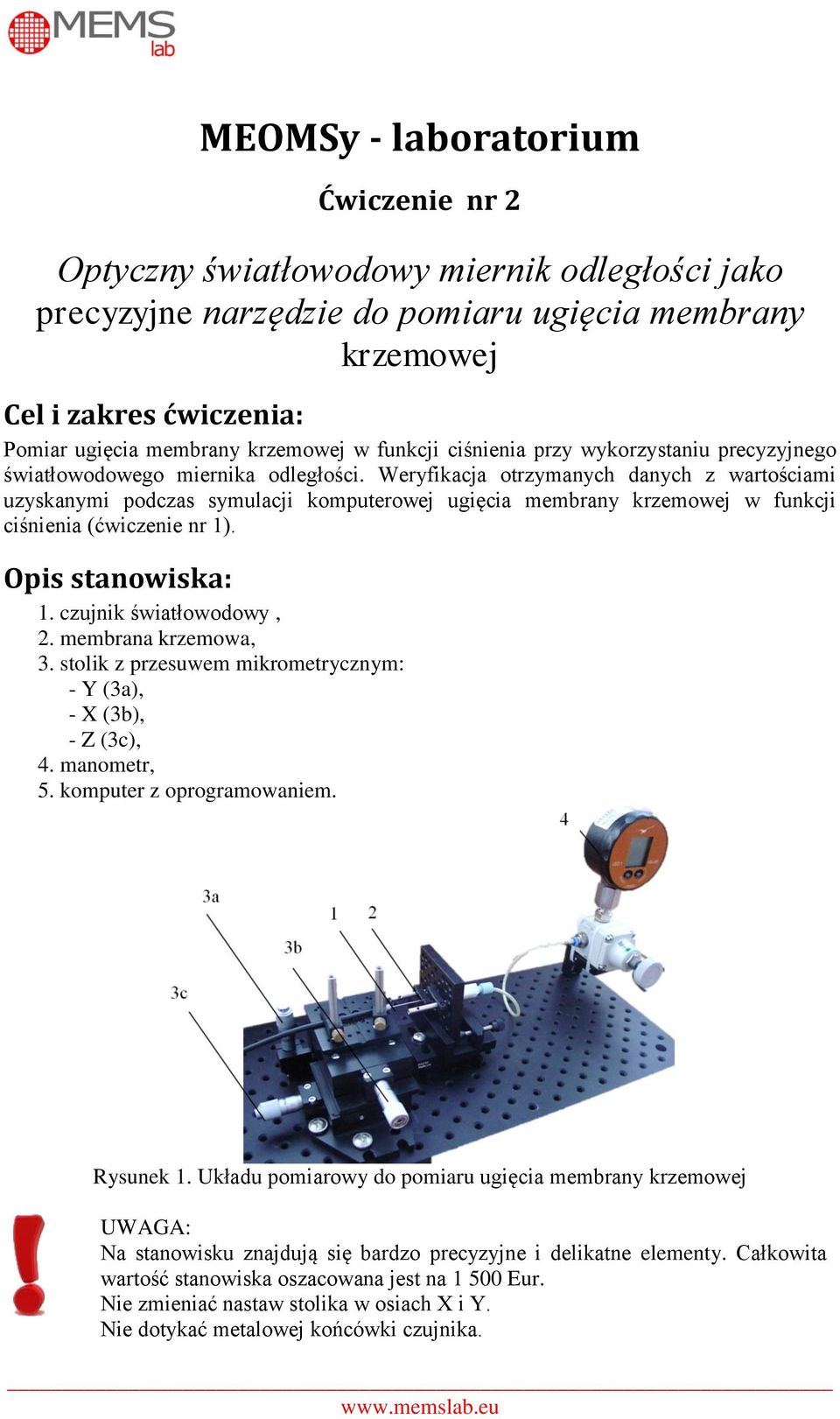 Weryfikacja otrzymanych danych z wartościami uzyskanymi podczas symulacji komputerowej ugięcia membrany krzemowej w funkcji ciśnienia (ćwiczenie nr 1). Opis stanowiska: 1. czujnik światłowodowy, 2.