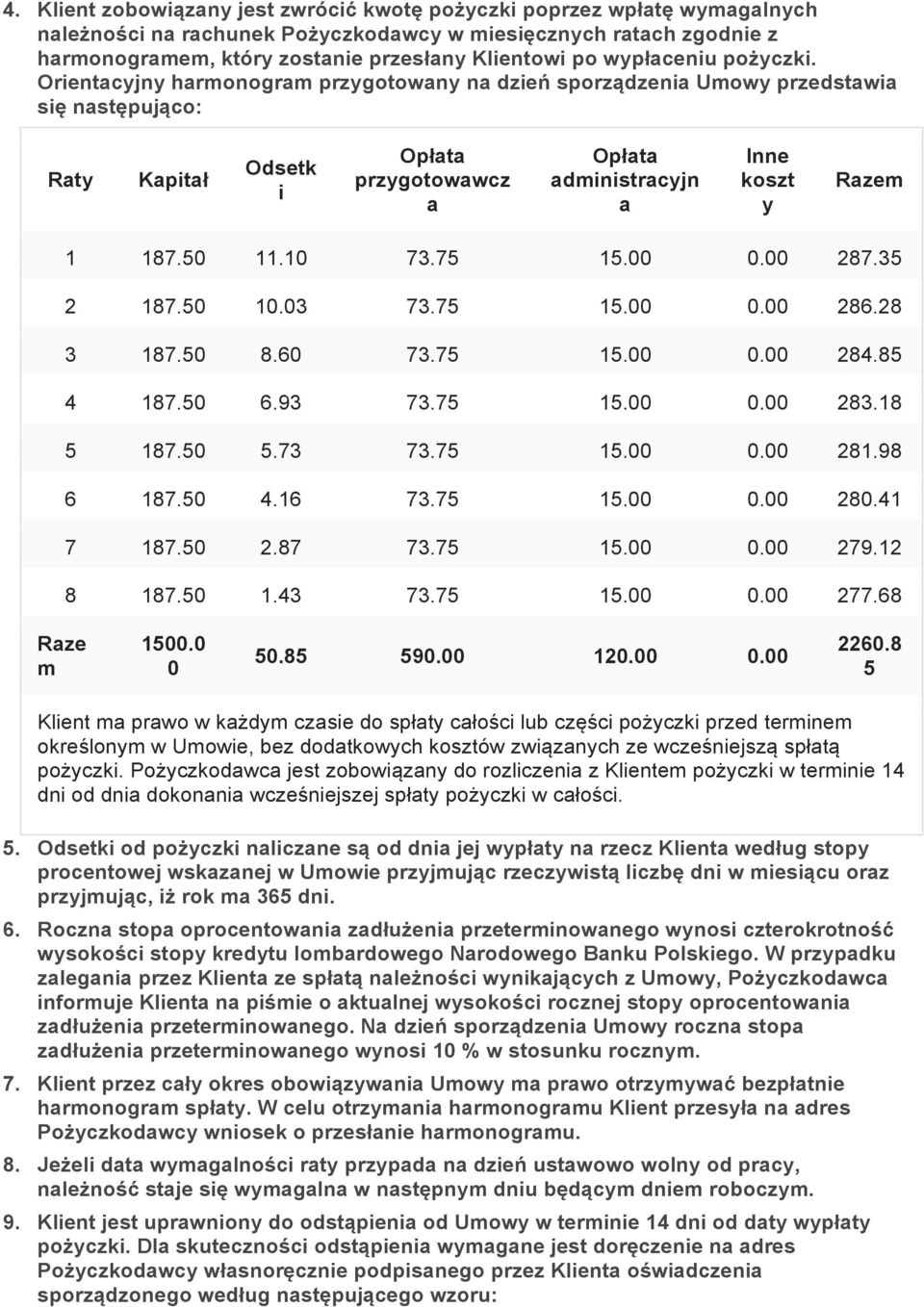 Orientacyjny harmonogram przygotowany na dzień sporządzenia Umowy przedstawia się następująco: Raty Kapitał Odsetk i Opłata przygotowawcz a Opłata administracyjn a Inne koszt y Razem 1 187.50 11.