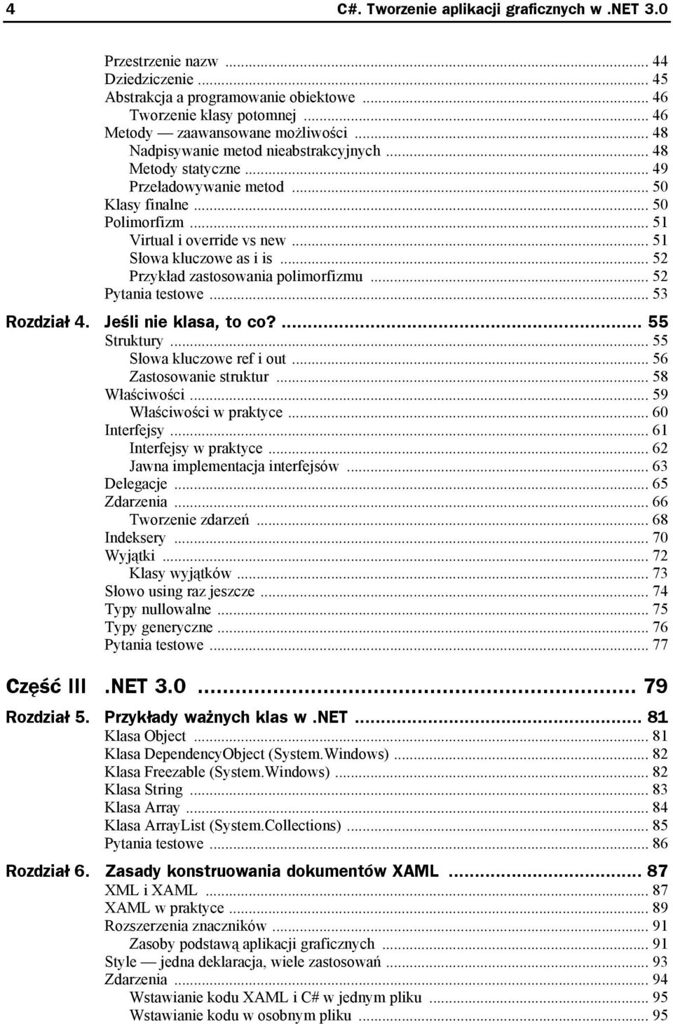 .. 52 Przykład zastosowania polimorfizmu... 52 Pytania testowe...53 Rozdział 4. Jeśli nie klasa, to co?... 55 Struktury... 55 Słowa kluczowe ref i out... 56 Zastosowanie struktur... 58 Właściwości.