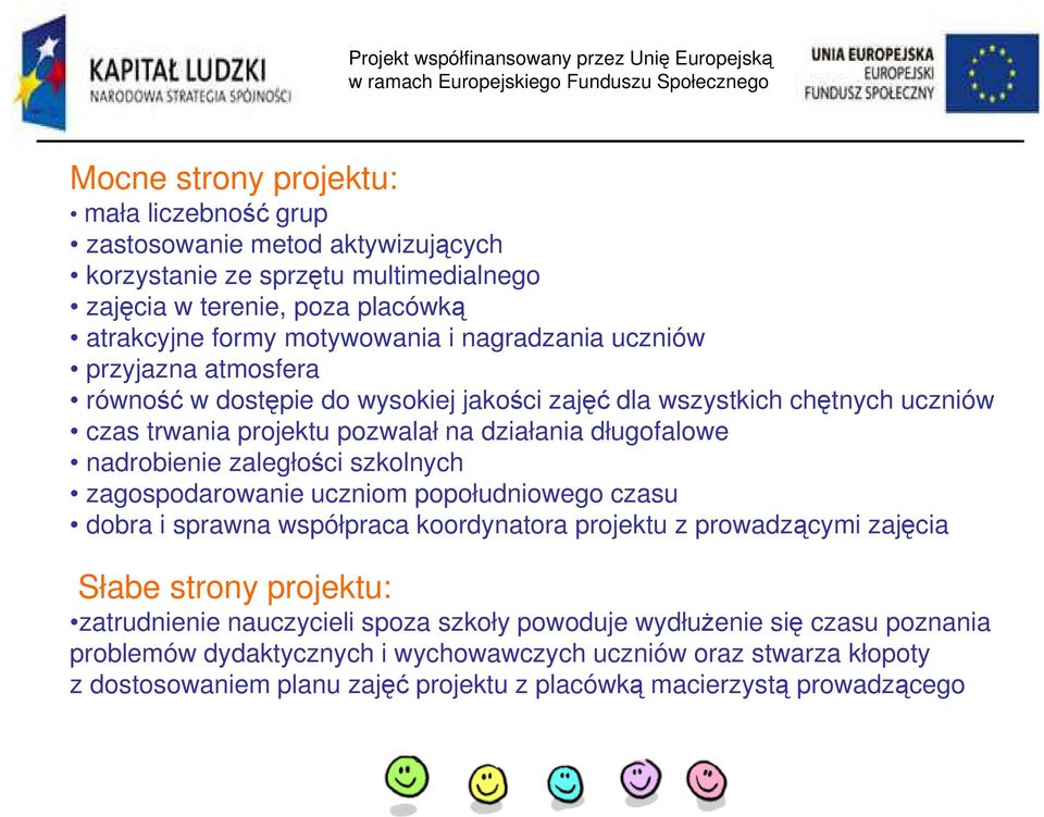 zaległości szkolnych zagospodarowanie uczniom popołudniowego czasu dobra i sprawna współpraca koordynatora projektu z prowadzącymi zajęcia Słabe strony projektu: zatrudnienie nauczycieli