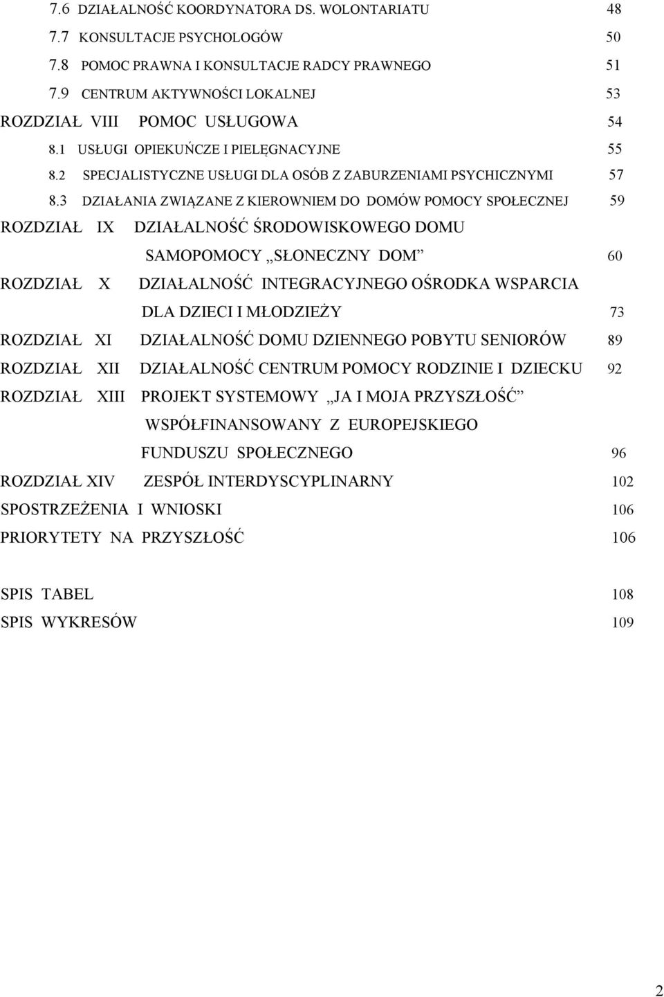 3 DZIAŁANIA ZWIĄZANE Z KIEROWNIEM DO DOMÓW POMOCY SPOŁECZNEJ 59 ROZDZIAŁ IX DZIAŁALNOŚĆ ŚRODOWISKOWEGO DOMU SAMOPOMOCY SŁONECZNY DOM 60 ROZDZIAŁ X DZIAŁALNOŚĆ INTEGRACYJNEGO OŚRODKA WSPARCIA DLA