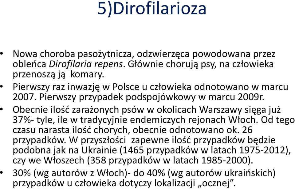 Obecnie ilość zarażonych psów w okolicach Warszawy sięga już 37%- tyle, ile w tradycyjnie endemiczych rejonach Włoch. Od tego czasu narasta ilość chorych, obecnie odnotowano ok.