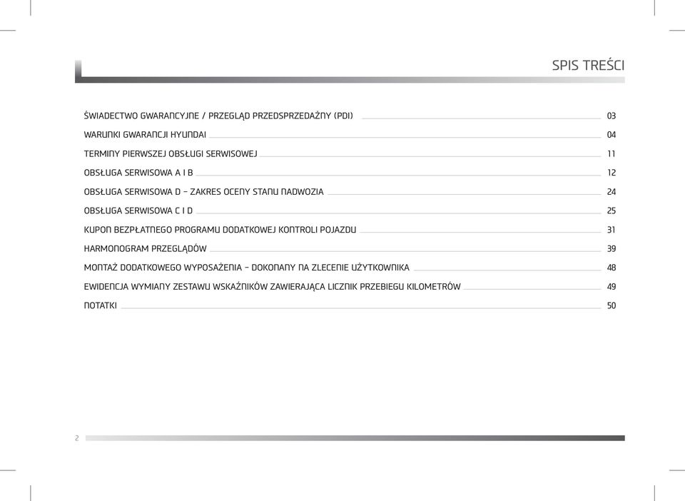 D 25 KUPON BEZPŁATNEGO PROGRAMU DODATKOWEJ KONTROLI POJAZDU 31 HARMONOGRAM PRZEGLĄDÓW 39 MONTAŻ DODATKOWEGO WYPOSAŻENIA -
