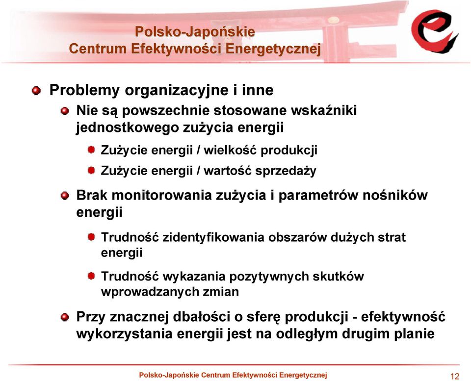 energii Trudność zidentyfikowania obszarów dużych strat energii Trudność wykazania pozytywnych skutków