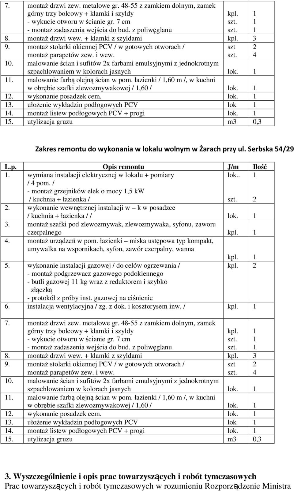 montaż listew podłogowych PCV + progi lok. 5. utylizacja gruzu m3 0,3 Zakres remontu do wykonania w lokalu wolnym w Żarach przy ul. Serbska 54/9.