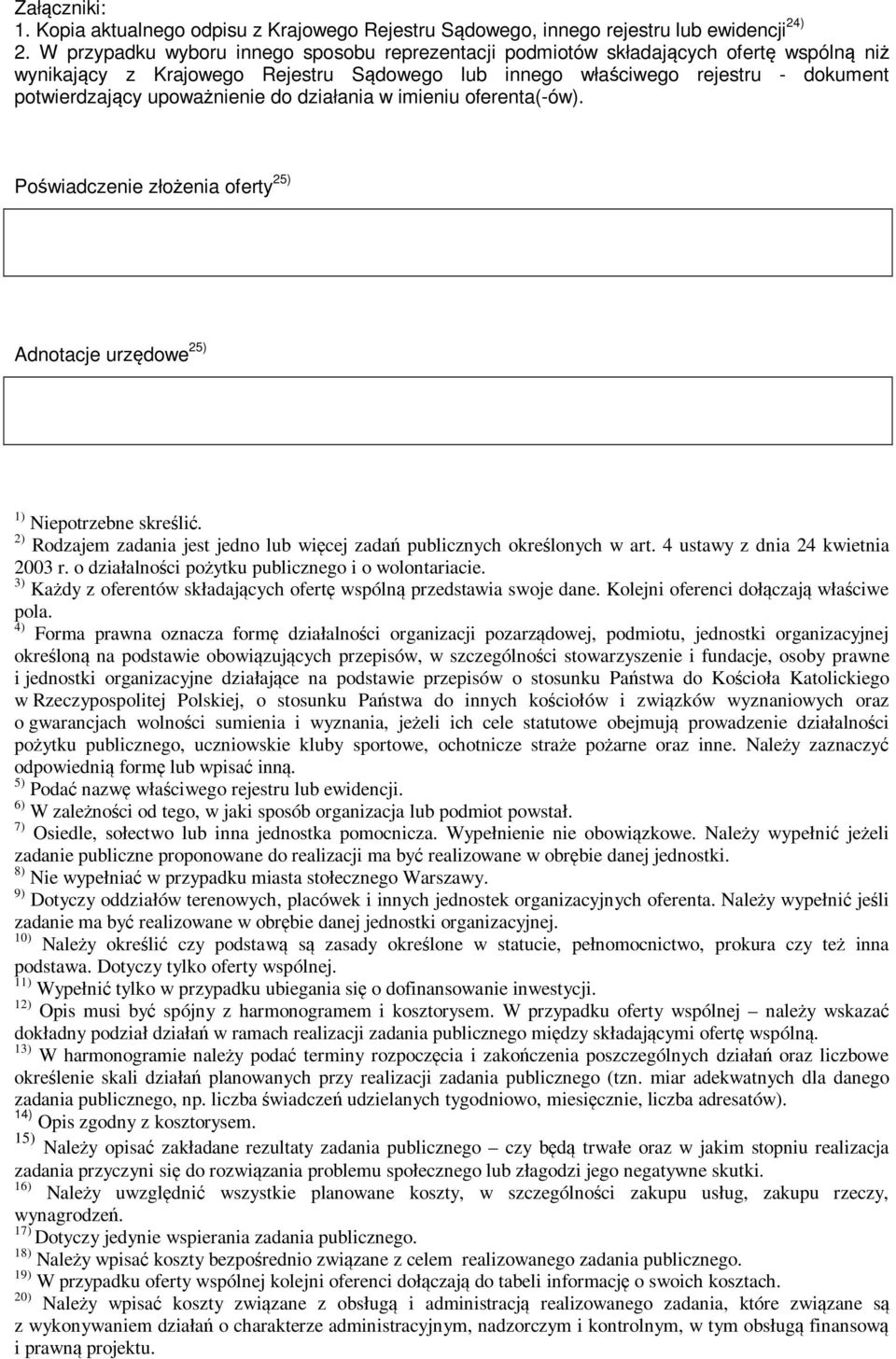 do działania w imieniu oferenta(ów). Poświadczenie złożenia oferty 25) Adnotacje urzędowe 25) 1) Niepotrzebne skreślić. 2) Rodzajem zadania jest jedno lub więcej zadań publicznych określonych w art.