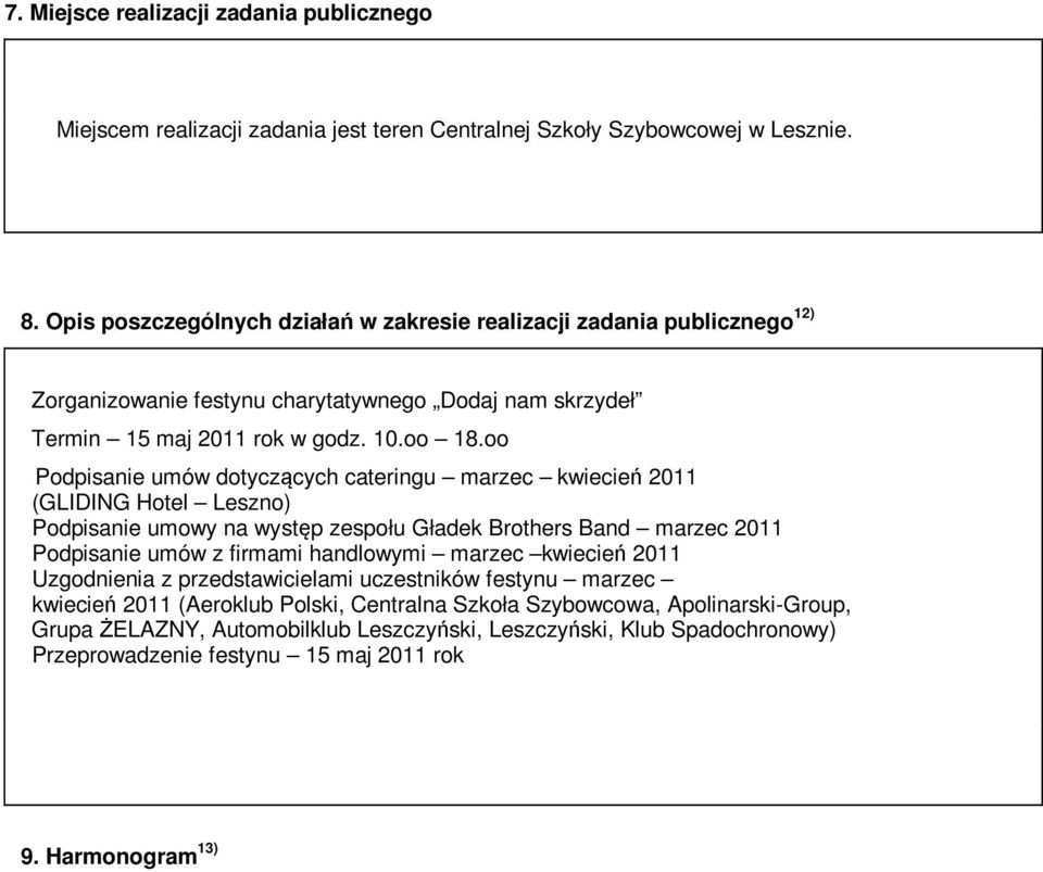 oo Podpisanie umów dotyczących cateringu marzec kwiecień 2011 (GLIDING Hotel Leszno) Podpisanie umowy na występ zespołu Gładek Brothers Band marzec 2011 Podpisanie umów z firmami