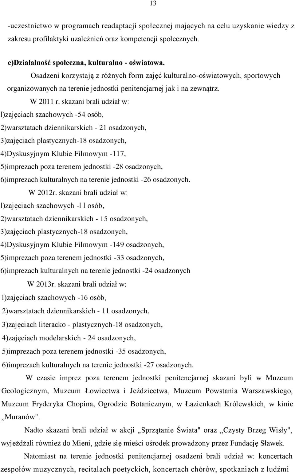 skazani brali udział w: l)zajęciach szachowych -54 osób, 2)warsztatach dziennikarskich - 21 osadzonych, 3)zajęciach plastycznych-18 osadzonych, 4)Dyskusyjnym Klubie Filmowym -117, 5)imprezach poza